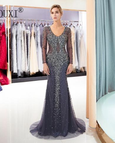 Dark Gray Long Sleeve Evening Dress Mermaid Youxi V Neck Beaded Beading  Crystal Hand Working Formal Prom Gown Evening Color Dark Grey US Size 4