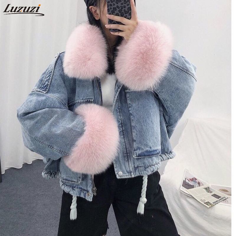 Velvet Thick Denim Jacket Female Winter Big Fur Collar Locomotive Lamb Coat  Female Student Short Coat, Size:M(Pink)