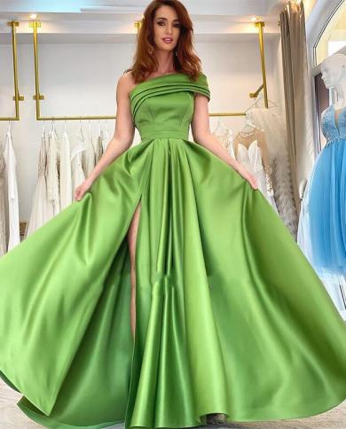 על גו כתף אחת שמלת נשף קו סאטן צד שסע שמלות ערב vestidos elegantes para mujer עם כיס