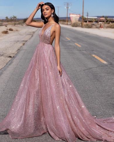 A Line Lace-up Spaghetti Straps Metallic Glitter Prom Dresses