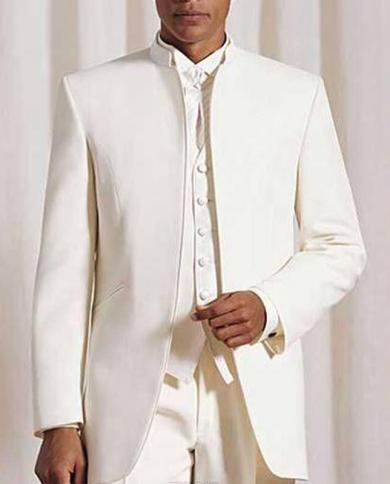 טוקסידו חתן ארוך לחתונה עם צווארון מעמד 3 חלקים טוניקה חליפות גברים סט מכנסיים גקט אפוד חדש בסגנון אופנה סיני