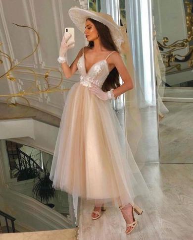 Champagne Short Prom Dresses Spaghetti Strap A Line Appliques Flowers Tea  Length Wedding Party Gown Celebrity Graduation Color Purple US Size 16