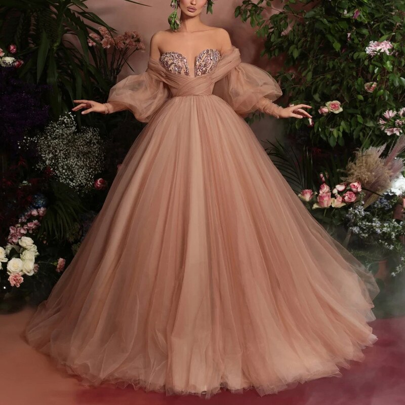 Nude Puffy Tulle Ball Gown Prom Dresses Long Sleeve Sweetheart Off Shoulder Dubai Women Formal Dress Evening Gowns Plus Color Pink US Size Custom Size