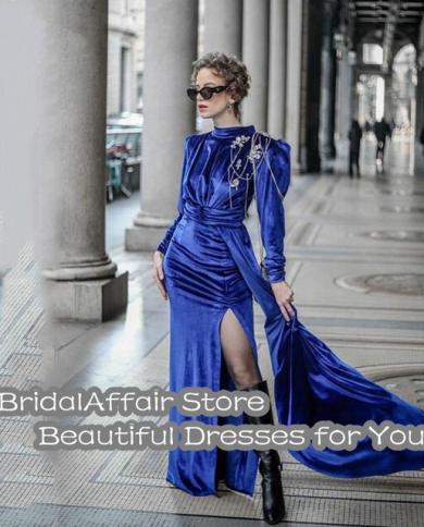 Bridalaffair Royal Blue Velvet Evening Dress High Neck Prom Party Gowns  Long Sleeve Split Special Occasion Dresses Color Green US Size 16W