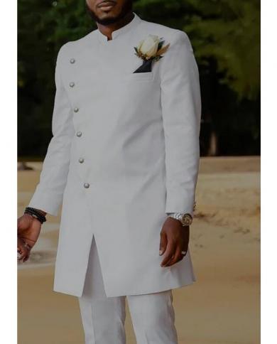 טוניקה לבנה חליפות גברים רשמיות עם צווארון מעמד 2 חלקים מכנסיים זקט ארוך טוקסידו חתונה לחתנים תחפושות אופנה לגברים