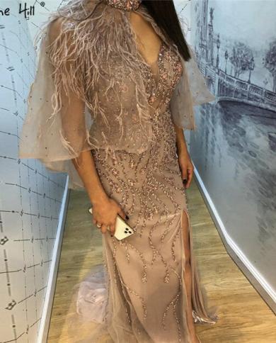 Gold Sleeveless Feathers Shawl Yarn Evening Dresses Dubai Mermaid Beading  Formal Dress Serene Hill La70353evening Dres Color Gold US Size 2