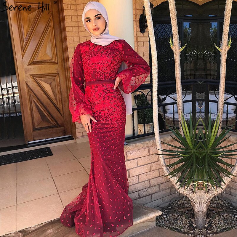 Muslim Lace Long Sleeves Mermaid Evening Dresses Latest Design Wine Red  Evening Gowns Long Serene Hill La60879 Evening Color Wine red US Size 16