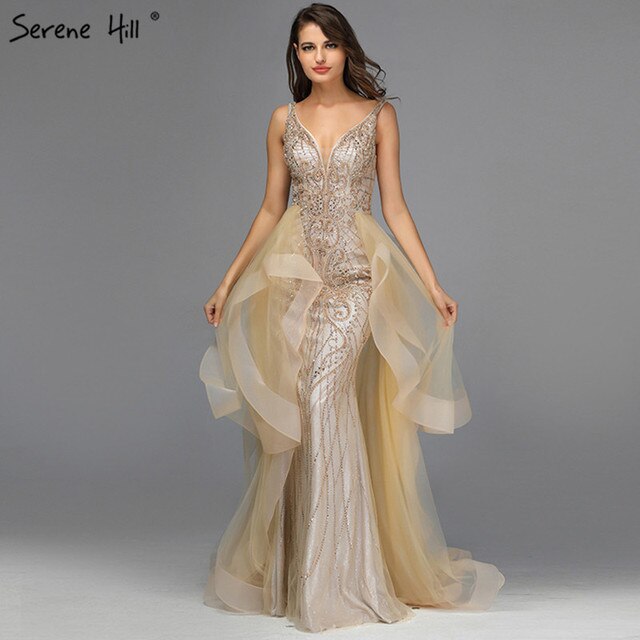 Gold V Neck Beading Crystal Evening Dressese Sleeveless Mermaid Evening  Gowns Design Serene Hill La70169evening Dresse Color Gold US Size 8