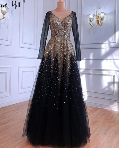 Serene Hill Muslim Black Gold Luxury Evening Dresses Gowns A Line Sparkle  Beading For Women Party La70902evening Dresse US Size 14 Color Black Gold