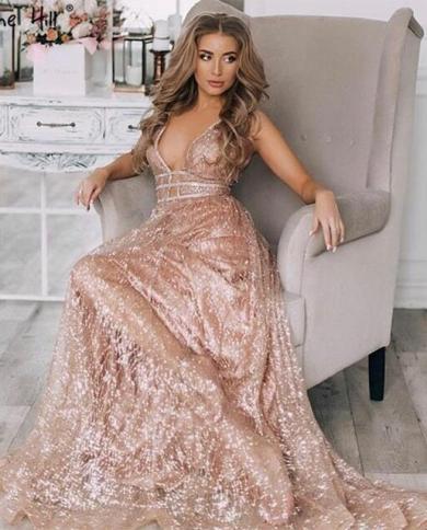 slim fit dress slacks A-line Elegant Sparkly Sequin Rose Gold Popular Modest Long Party Even –  bridalsew main image 0