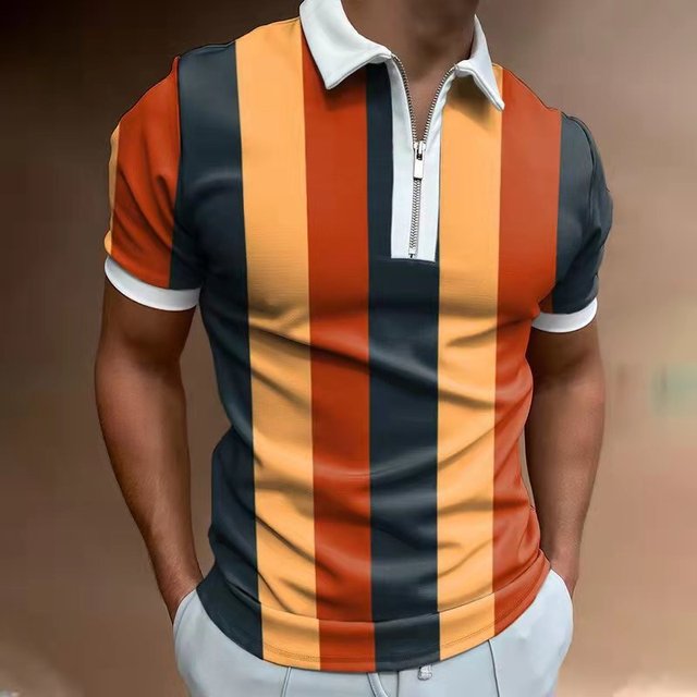 VSSSJ Striped Print Shirts for Men Big and Tall Patchwork Short Sleeve  Casual Button Collared Tee Top Leisure Breathable Sport Streetwear Orange  XXXL 