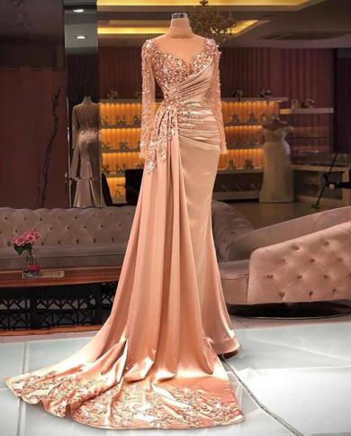green emerald velvet dress Pink Long Sleeve V Neck Sequin Gown With 3D Flower main image 1