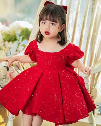 High End Flower Girls Evening Gown Bow Beading Design Spanish Vintage  Children Birthday Party Christmas Dresses For Girl Color Red Kid Size  8T130cm