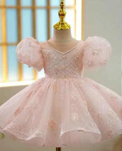 strapless open back dress 3211 Princess Pink Gown for Kids with Puffed Sleeves