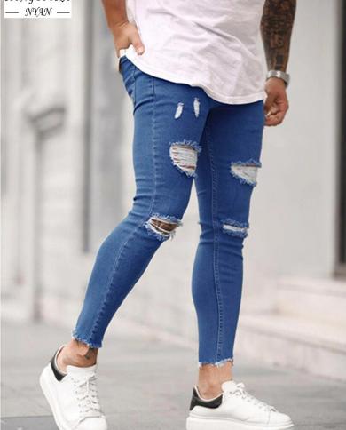 Fashion Street Style Ripped Skinny Jeans Men Vintage Slim Fit Pencil Denim  Pant
