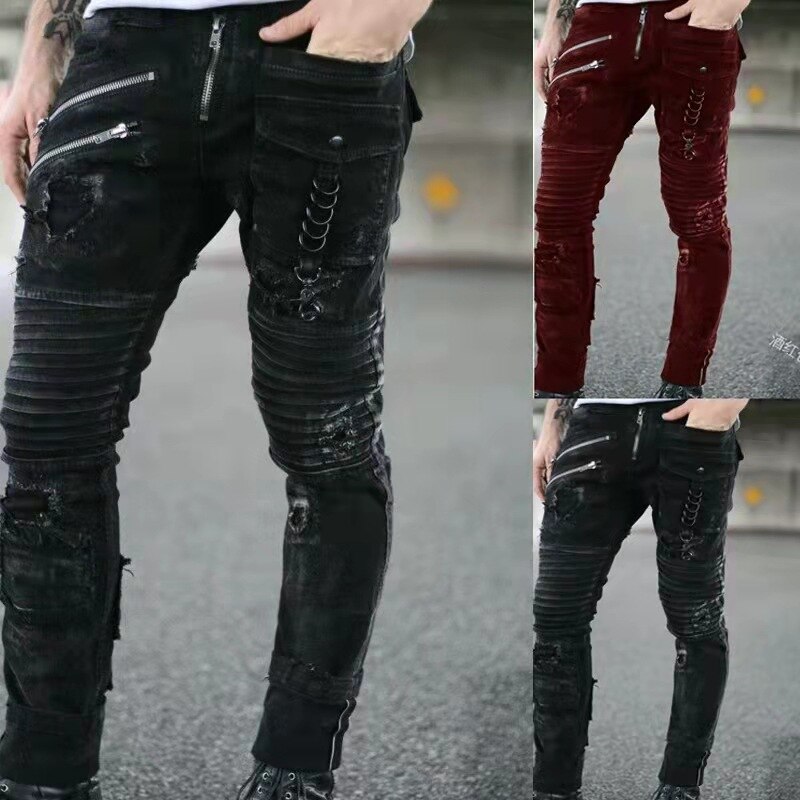 Streetwear Mens Jean Harem Pants Zipper Casual Rip Skinny Jeans Men Side  Straps Biker Hip Hop Slim Fit Elastic Black Tr Color Blue size S Waist 76cm