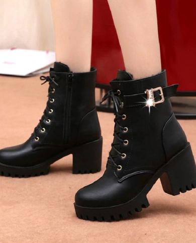 Women's Lace Up Platform Ankle Boots Heels Shoes Autumn and Winter