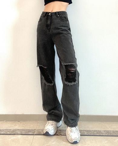 מכנסי גינס חדש לנשים גבוה מותן רפויים מכנסיים רגליים רחבות גינס שחור קרעים היפ הופ רחוב לנשים מעל הברך ישר