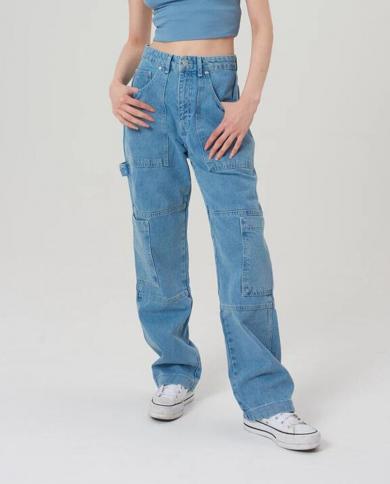 גינס חדש לנשים עם תפירת כיסים אוברול גינס לנשים מותן גבוה מותן רחב מכנסי רחוב היפ הופ ישר