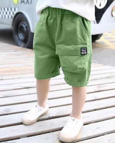 Summer Shorts Children's Wear Shorts Boy Baby Elastic Pants Solid Cotton 3t  10t Teenager Beach Loose Casual Sport Trous Color Green Kid Size 4T  Height100-110CM