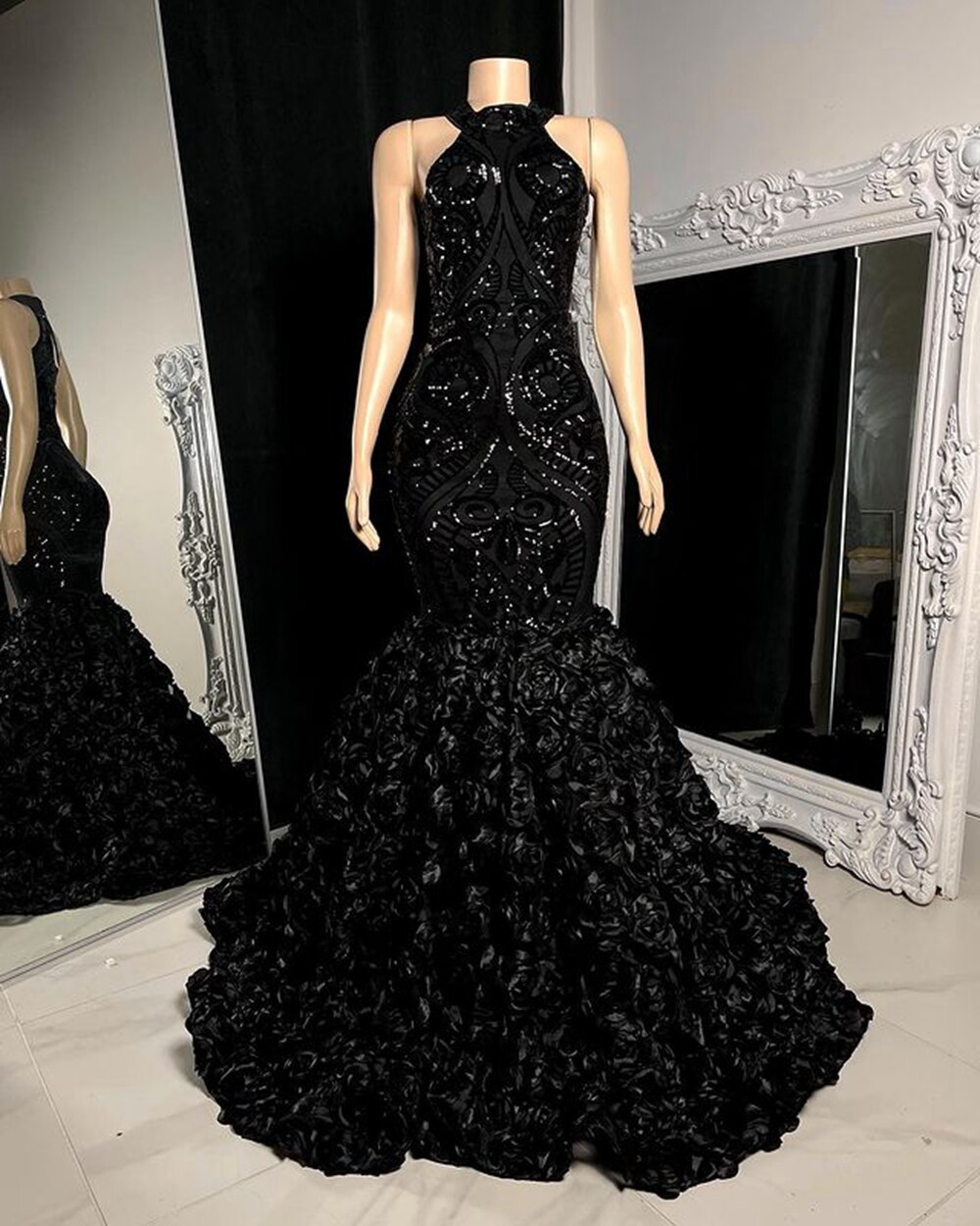2023 Black Mermaid Prom Dress Without Sleeves High Neck Ruffles Long Prom  Gown Evening Dress Robe De Soire
