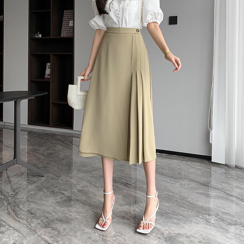 Women High Waist A-line Skirt Mid Office Lady Long Skirts Plus