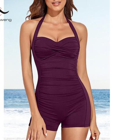 Vintage One Piece Tummy Control Swimwear Women Shorts Boyleg Ruched Swimsuit  Solid Halter Bathing Suit Push Up Beachwear size L Color Black