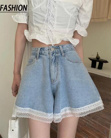 היי אופנה נשים קיץ kawaii מכנסיים קצרים כחול גינס חמוד בנות כולן מתאימות קזואל בצבע אחיד גינס מכנסיים קצרים תחרה קצרים