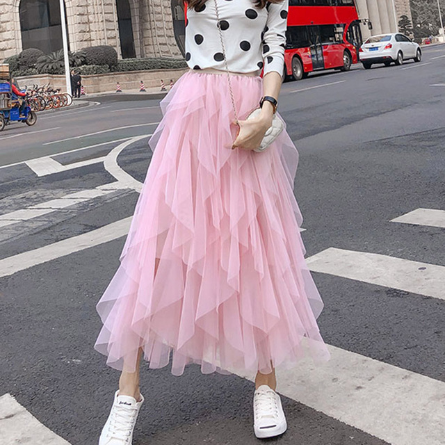 Women Tulle Skirt High Waist Elastic Fashion Party Long Skirts