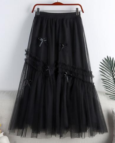 Women High Waist Long Skirt Sweet Pleated Ladies Steetwear Bow