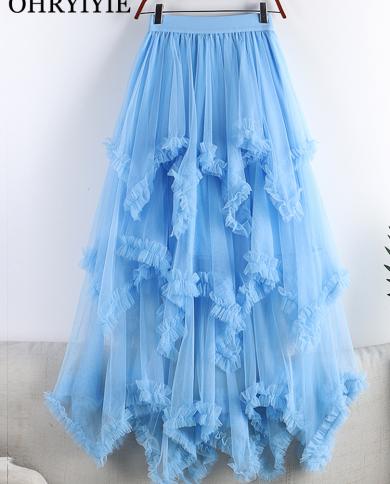 Ohryiyie New 2023 Irregular Cake Tulle Skirt Women Sweet Midi Long High  Waist A Line Skirt Female Blue Mesh Party Skirt size One size Color Blue