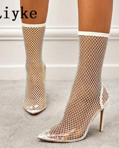 Liyke New Design Crystal Rhinestone Mesh Stretch Fabric Sock Boots