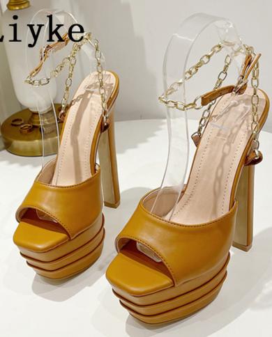 liyke peep toe 16 סמ נעלי עקב קיצוניות פלטפורמה משאבות שרשרת אופנה רצועת עבה תחתית עבה chunky סנדלים נעלי נשים שחורות