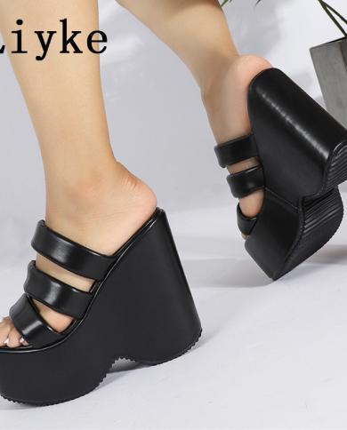 liyke 2023 new peep toe פלטפורמת נעלי טריז נשים קיץ שחור נעלי סנדלים סופר גבוהות לנשים עקבים פרדות החלקו