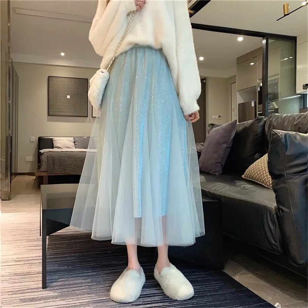 Spring Summer Vintage Tulle Skirt Women Elastic High Waist Mesh Skirts Long  Pleated Tutu Skirt Female (Color : Beige, Size : Small) : : Fashion