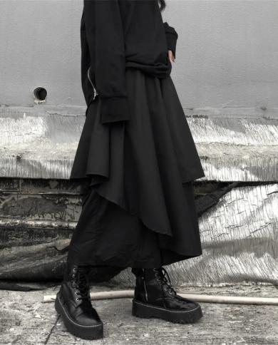 שחור לא סדיר שחבור חצאיות גבוהות מותן מכנסיים בגדי נשים אופנה טמפרמנט רופף חצאית מידי קזואל אביב אוטו