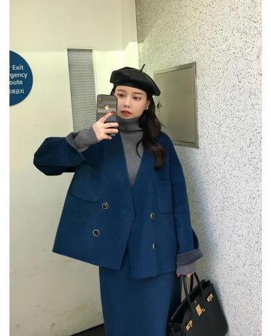 סט צמר סתווי אלגנטי כחול מלא מעיל חד חזה  חצאית ארוכה מותן גבוה נשים חורף פרוע משרדי חליפת נשים