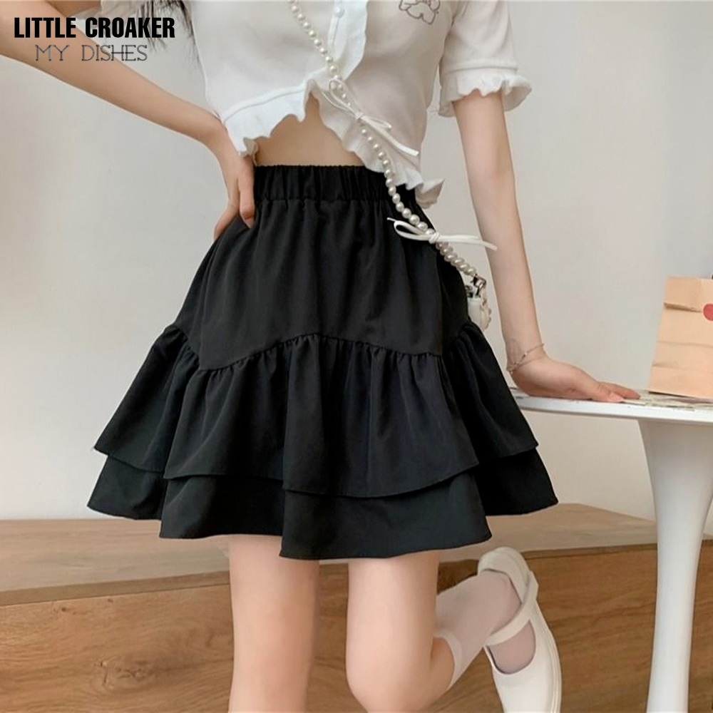 White Mini Skirt Women Lolita Vintage Elegant Double Layer Ruffles  Patchwork High Waist A Line Cute Black Skirt Clothes