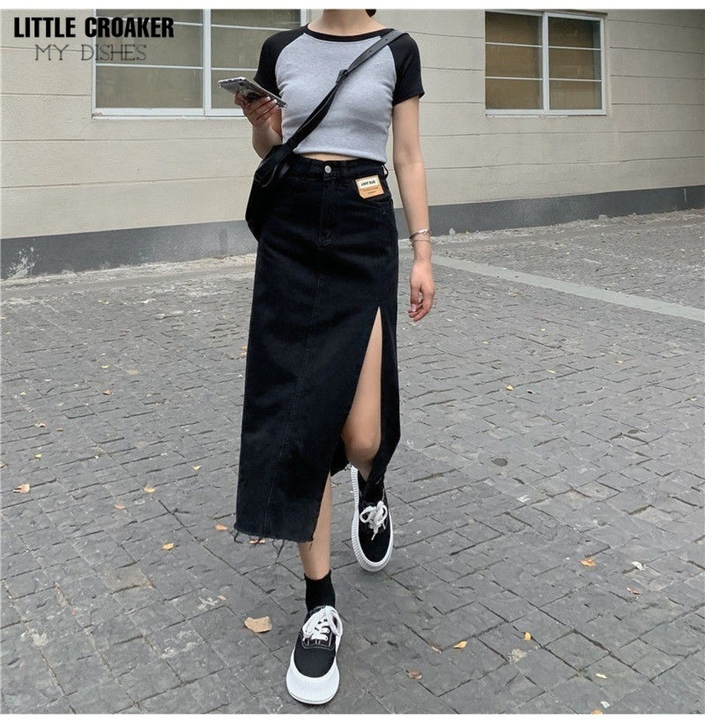 Black denim skirt and cheap vans