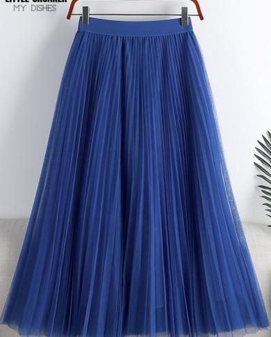 Women Midi Skirt Tulle Skirt Mesh Pleated Elastic High Waist Layered Summer  NEW