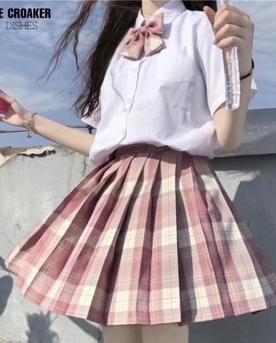 Cute Pleated Pink White Checked Women High-Waist Short Skirt with