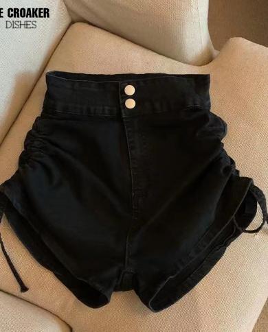 מכנסי גינס קצרים תחבושת נשים בגינס גותי מיני מותן גבוה שרוכים רוכסן קזואל שחור גותי מועדון אופנה 2023 clot