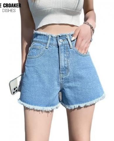 חדש קיץ נשים וינטג רגל רחבה ישרה מכנסי גינס קצרים בגדי רחוב נשיים רופפים מותניים גבוהים רטרו מכנסי גינס קצרים לנשים