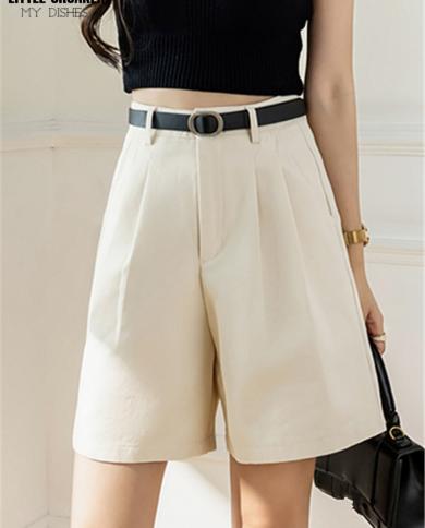 מכנסי קזואל לנשים 2023 חדש קיץ אביב מכנסיים קצרים בגזרה גבוהה מכנסיים בצבע אחיד חליפת מכנסיים רחבים עם חגורה alt