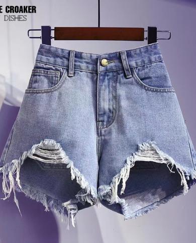 מכנסי גינס קצרים תכלת לנשים חור כיס גבוה מותן מכנסי גינס קצרים בגדי רחוב אופנה קיץ מכנסיים קצרים עם רגל רחבה