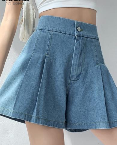 אופנת קיץ 2023 מכנסי גינס קצרים מכנסי גינס כחולים עם רגל רחבה לנשים מכנסיים קצרים מותן גבוה נשים עם כיסים בגדים
