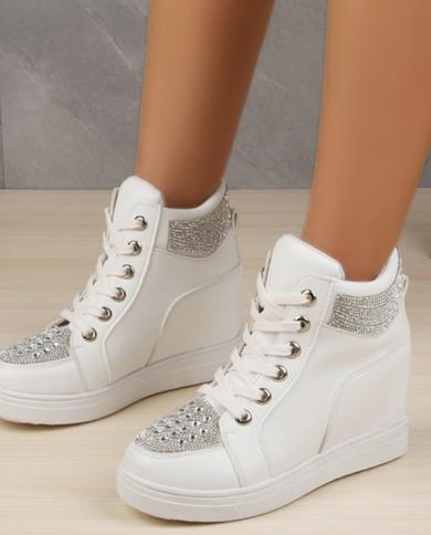 נעליים לבנות גבוהות פלטפורמת rhinestone נשית אופנה מזדמנים נעלי עקב טריז חדשה גברת פנאי נעלי ספורט אישה s