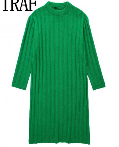 טרף ירוק סרוג שמלה ארוכה נשים שמלת סוודר midi סתיו נשים שמלת חורף מצולעת שרוולים ארוכים שמלת אישה שמלת קזואל רפויה