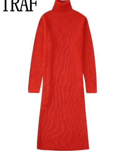 טראף אדום סרוג שמלה ארוכה נשים שמלת סוודר גולף אישה מפוצלת שמלות סתיו חורף אישה 2023 שרוול ארוך מזדמן