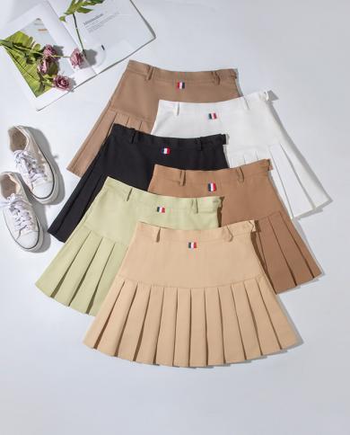 Solid Pleated Mini Skirt Preppy Style High Waist Women Summer Spring Fashion  Cute White A Line Skirt Y2k Skort Clothes size M Color 1836-1BS